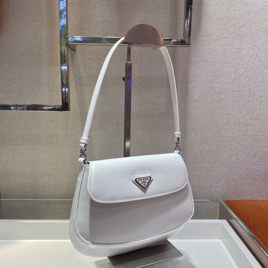 Prada Cleo Brushed Leather Shoulder Bag With Flap White 1BD311